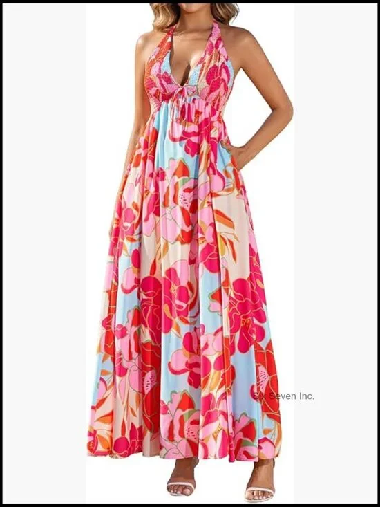 Polyester Elastane Maxi Sundress Halter Tie V Neck A Line with Pockets - Picture 1 of 5